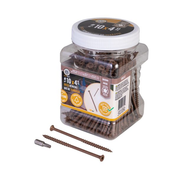 Jar of 100 brown #10 x 4-inch deck screws with included T25 Torx bit.
