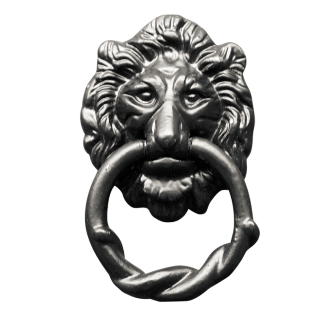 A black metal lion door knocker from Nuvo Iron.