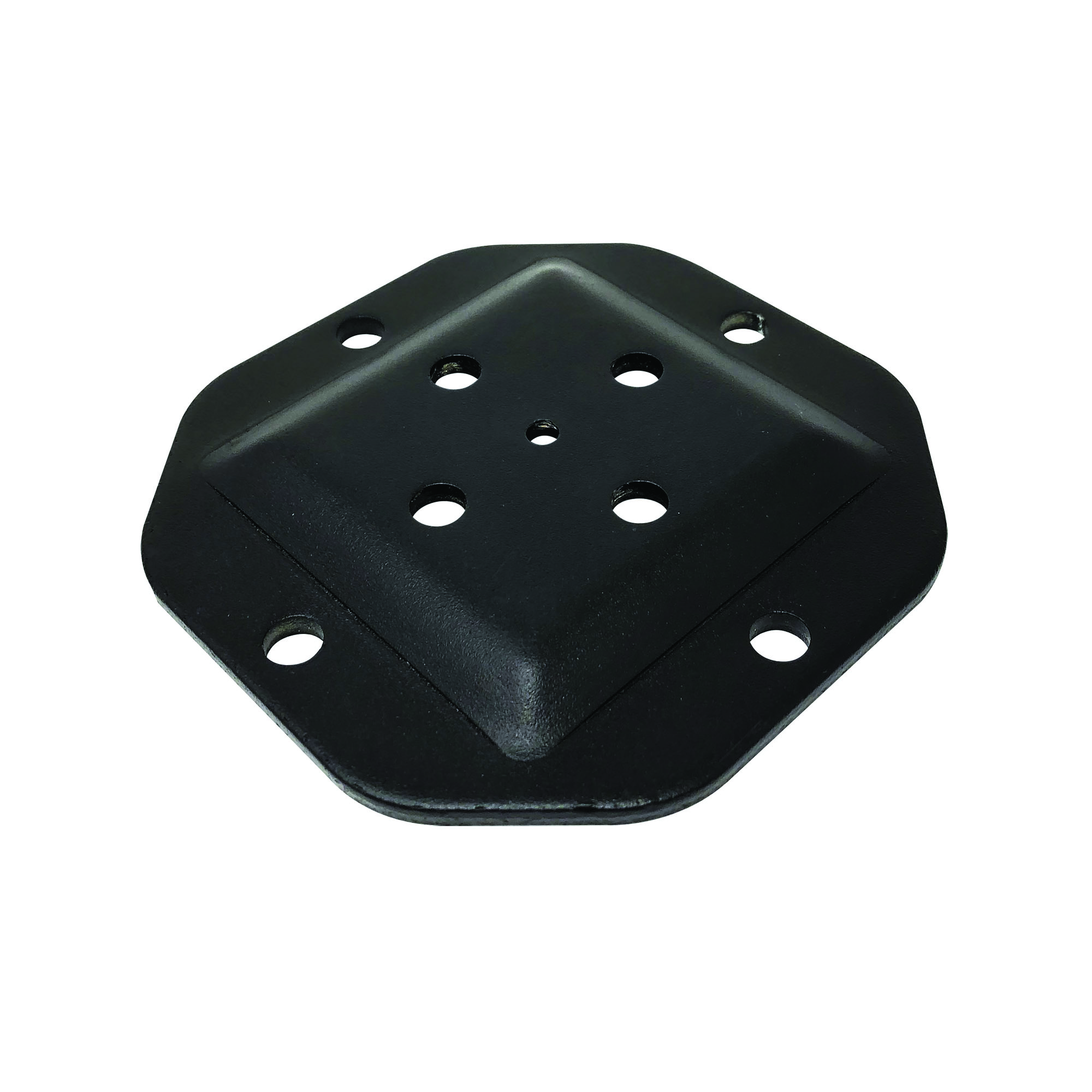 A black 4 by 4 heavy duty wood post connector plate.