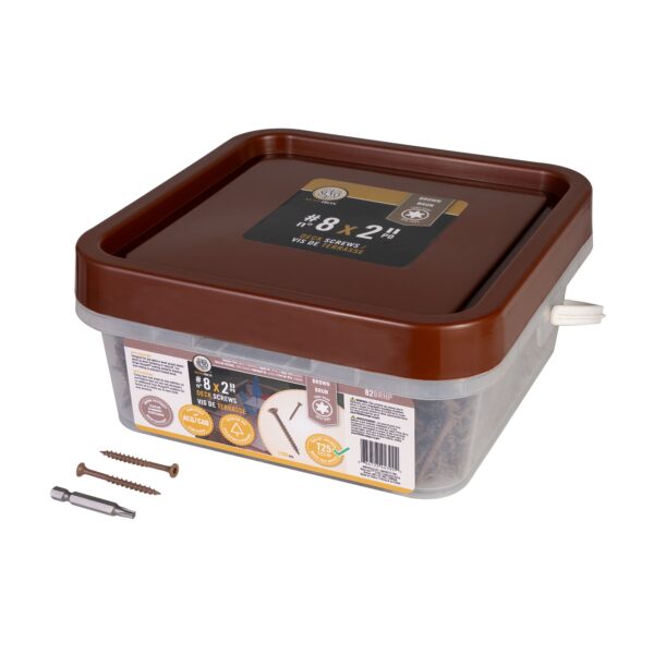 #8 x 2" Deck Screws with multi-purpose thread, steel construction, and brown Ruspert® coating, available in a 1,720-piece pack for corrosion-resistant and versatile fastening. 82BRHP