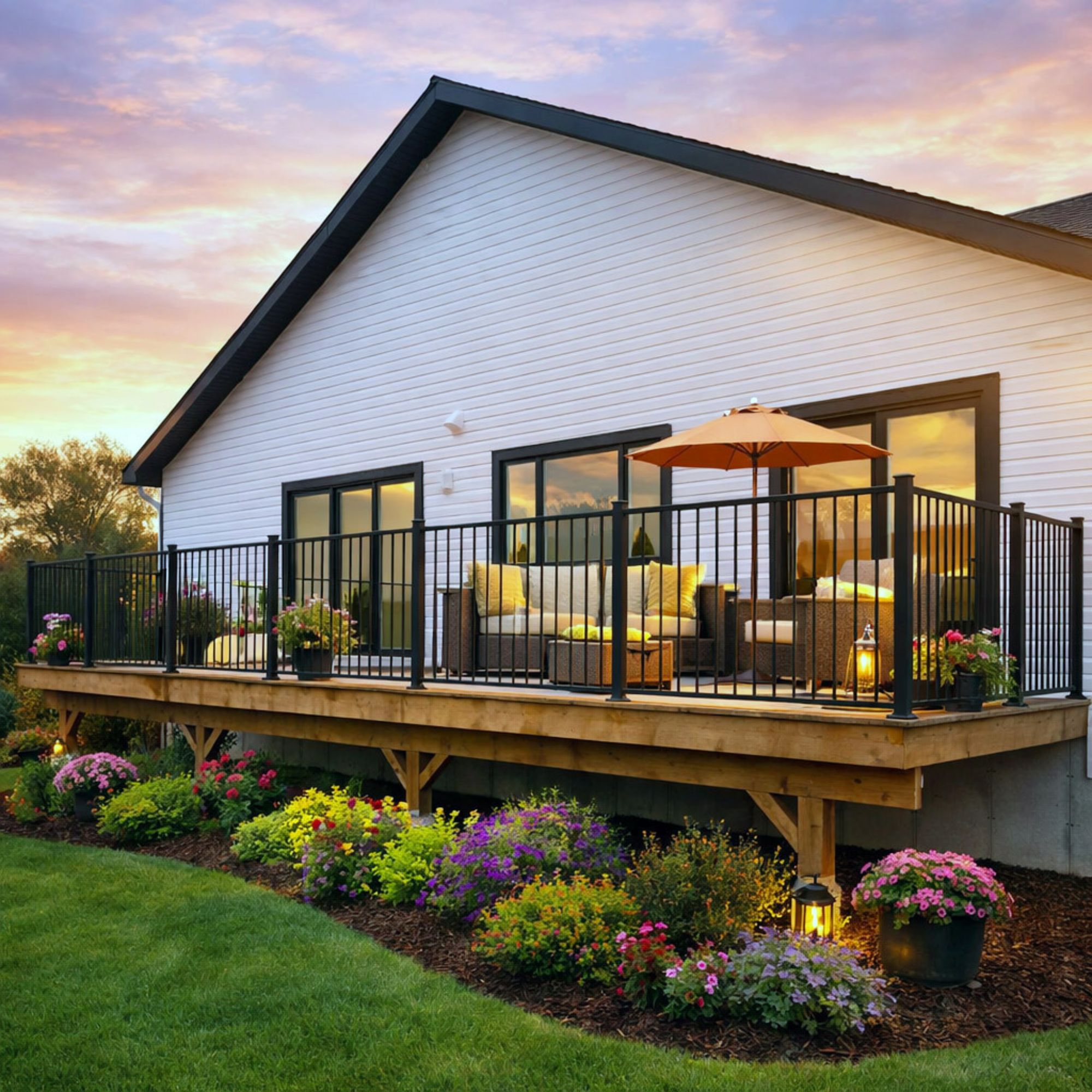 Deck and stair railing with round balusters on a backyard deck