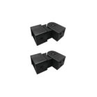 Two Nuvo Iron DSRSB-B side-to-side swivel brackets shown at an angle, each with a rounded pivot joint connecting two square railing sockets with predrilled screw holes.