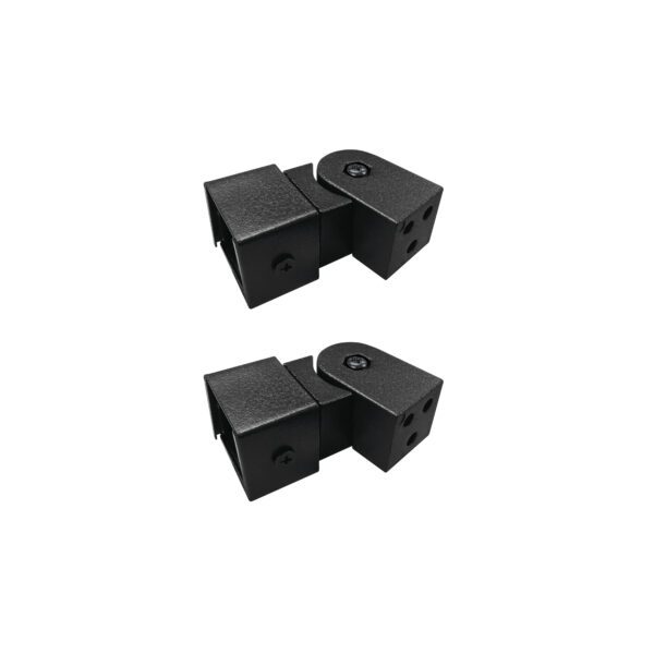Two Nuvo Iron DSRSB-B side-to-side swivel brackets shown at an angle, each with a rounded pivot joint connecting two square railing sockets with predrilled screw holes.