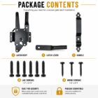 Package contents for a heavy-duty black powder-coated steel gate latch including 1 latch body, 1 latch lever, 1 handle, 6 lag screws (1.5" x 5/16"), and 3 wood screws (1.8" x #14); padlock compatible