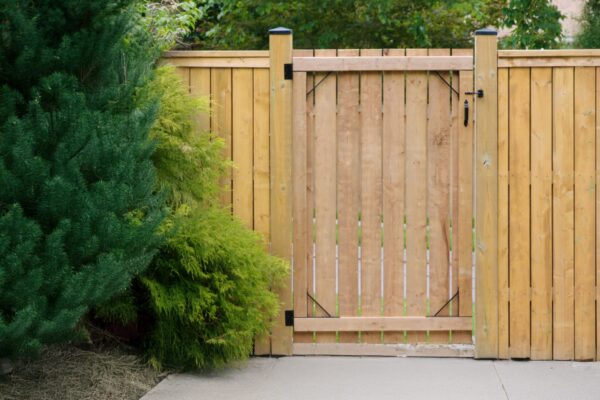 Wooden privacy fence with a central gate, featuring black hardware and surrounded by lush green shrubs and trees.