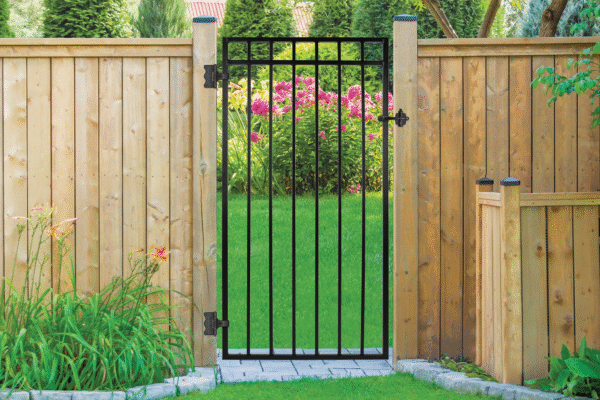 33-inch wide by 68-inch high Coral Iron Gate with flat top, 36-inch wide opening, self-closing hardware, and double side handle for enhanced security and sleek design. ICG03368
