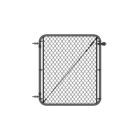 Standalone black chain link gate with rounded frame corners, hinge hardware on the left side, and a diagonal tension cable brace, shown on a white background