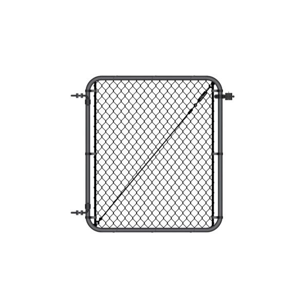 Standalone black chain link gate with rounded frame corners, hinge hardware on the left side, and a diagonal tension cable brace, shown on a white background