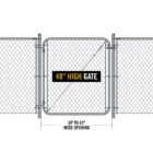 Product diagram of a chain-link fence gate on a white background, labeled '48" High Gate' with a callout showing an opening width of up to 42 inches.