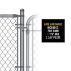 lose-up diagram of a chain-link gate hinge attached to a round dome-cap post, with a callout labeled 'Gate Hardware Included for Both 1 7/8" and 2 3/8" Posts.'