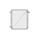 Standalone galvanized silver chain link gate with rounded frame corners, hinge hardware on the left side, and a diagonal tension cable brace, shown on a white background.