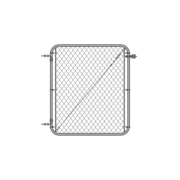 Standalone galvanized silver chain link gate with rounded frame corners, hinge hardware on the left side, and a diagonal tension cable brace, shown on a white background.