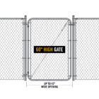 Product diagram of a gray chain-link fence gate on a white background, labeled '60" High Gate' with a callout showing an opening width of up to 42 inches.
