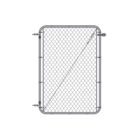 Standalone galvanized silver chain link gate with rounded frame corners, hinge hardware on the left side, and a diagonal tension cable brace, shown on a white background