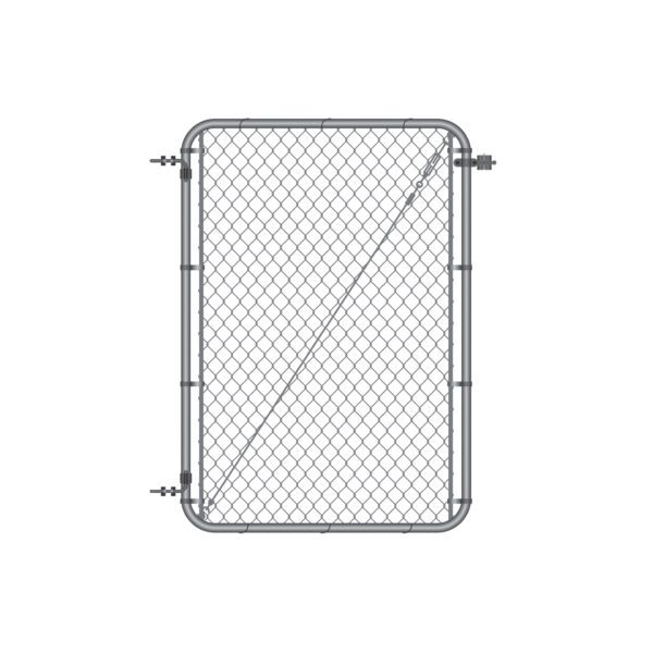 Standalone galvanized silver chain link gate with rounded frame corners, hinge hardware on the left side, and a diagonal tension cable brace, shown on a white background
