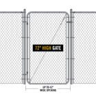 Product diagram of a gray chain-link fence gate on a white background, labeled '72" High Gate' with a callout showing an opening width of up to 42 inches.