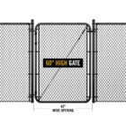 Black chain link gate installed between two fence sections, labeled '60" HIGH GATE' with dimension markers showing a 42" wide opening.