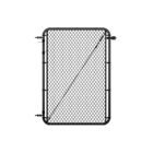 Standalone black chain link gate with rounded frame corners, hinge hardware on the left side, and a diagonal tension cable brace, shown on a white background.