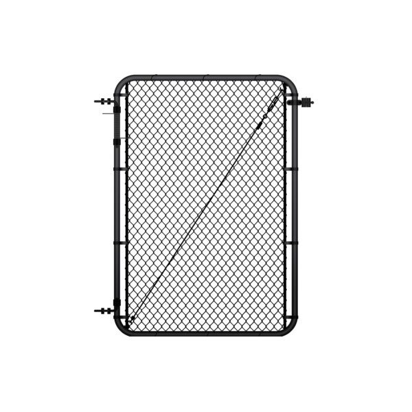 Standalone black chain link gate with rounded frame corners, hinge hardware on the left side, and a diagonal tension cable brace, shown on a white background.