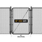 Black chain link gate installed between two fence sections, labeled '60" HIGH GATE' with dimension markers showing a 42" wide opening.