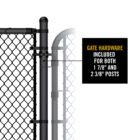 Close-up of black chain link gate hinge hardware on a post, with callout text reading 'GATE HARDWARE INCLUDED FOR BOTH 1 7/8" AND 2 3/8" POSTS.