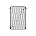 Standalone black chain link gate with rounded frame corners, hinge hardware on the left side, and a diagonal tension cable brace, shown on a white background