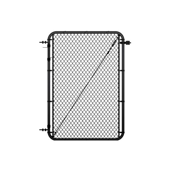 Standalone black chain link gate with rounded frame corners, hinge hardware on the left side, and a diagonal tension cable brace, shown on a white background