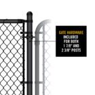 Close-up of black chain link gate hinge hardware on a post, with callout text reading 'GATE HARDWARE INCLUDED FOR BOTH 1 7/8" AND 2 3/8" POSTS.'