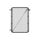 Standalone black chain link gate with rounded frame corners, hinge hardware on the left side, and a diagonal tension cable brace, shown on a white background.