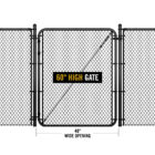 Black chain link gate installed between two fence sections, labeled '60" HIGH GATE' with dimension markers showing a 48" wide opening.