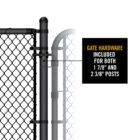 Close-up of black chain link gate hinge hardware on a post, with callout text reading 'GATE HARDWARE INCLUDED FOR BOTH 1 7/8" AND 2 3/8" POSTS.'
