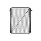 Standalone black chain link gate with rounded frame corners, hinge hardware on the left side, and a diagonal tension cable brace, shown on a white background
