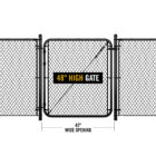 Black chain link gate installed between two fence sections, labeled '48" HIGH GATE' with dimension markers showing a 42" wide opening.