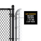 Close-up of black chain link gate hinge hardware on a post, with callout text reading 'GATE HARDWARE INCLUDED FOR BOTH 1 7/8" AND 2 3/8" POSTS.'
