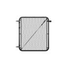 Standalone black chain link gate with rounded frame corners, hinge hardware on the left side, and a diagonal tension cable brace, shown on a white background