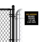 Close-up of black chain link gate hinge hardware on a post, with callout text reading 'GATE HARDWARE INCLUDED FOR BOTH 1 7/8" AND 2 3/8" POSTS.'