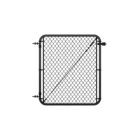 Standalone black chain link gate with rounded frame corners, hinge hardware on the left side, and a diagonal tension cable brace, shown on a white background