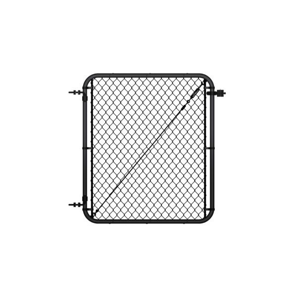 Standalone black chain link gate with rounded frame corners, hinge hardware on the left side, and a diagonal tension cable brace, shown on a white background