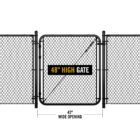 Product diagram of a black chain-link fence gate on a white background, labeled '48" High Gate' with a callout showing a 42-inch wide opening.