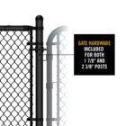 Close-up diagram of a black chain-link gate's spring-closing hinge attached to a round dome-cap post, with a callout labeled 'Gate Hardware Included for Both 1 7/8" and 2 3/8" Posts.