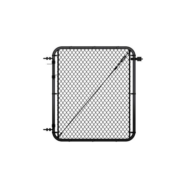 Standalone black chain link gate with rounded frame corners, hinge hardware on the left side, and a diagonal tension cable brace, shown on a white background.