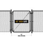 Product diagram of a black chain-link fence gate on a white background, labeled '48" High Gate' with a callout showing a 42-inch wide opening.