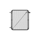 Standalone black chain link gate with rounded frame corners, hinge hardware on the left side, and a diagonal tension cable brace, shown on a white background