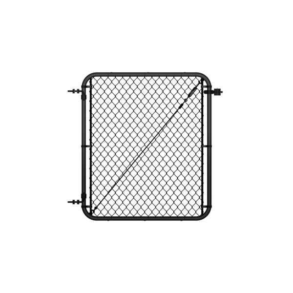Standalone black chain link gate with rounded frame corners, hinge hardware on the left side, and a diagonal tension cable brace, shown on a white background