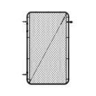 Standalone black chain link gate with rounded frame corners, hinge hardware on the left side, and a diagonal tension cable brace, shown on a white background
