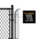 Close-up of black chain link gate hinge hardware on a post, with callout text reading 'GATE HARDWARE INCLUDED FOR BOTH 1 7/8" AND 2 3/8" POSTS