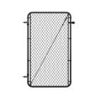 Standalone black chain link gate with rounded frame corners, hinge hardware on the left side, and a diagonal tension cable brace, shown on a white background.