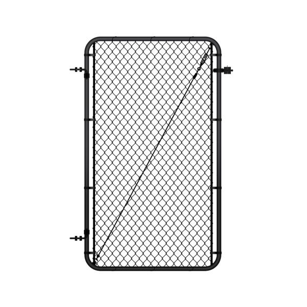 Standalone black chain link gate with rounded frame corners, hinge hardware on the left side, and a diagonal tension cable brace, shown on a white background.