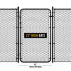Black chain link gate installed between two fence sections, labeled '72" HIGH GATE' with dimension markers showing a 42" wide opening.