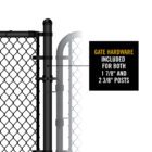 Close-up of black chain link gate hinge hardware on a post, with callout text reading 'GATE HARDWARE INCLUDED FOR BOTH 1 7/8" AND 2 3/8" POSTS.'